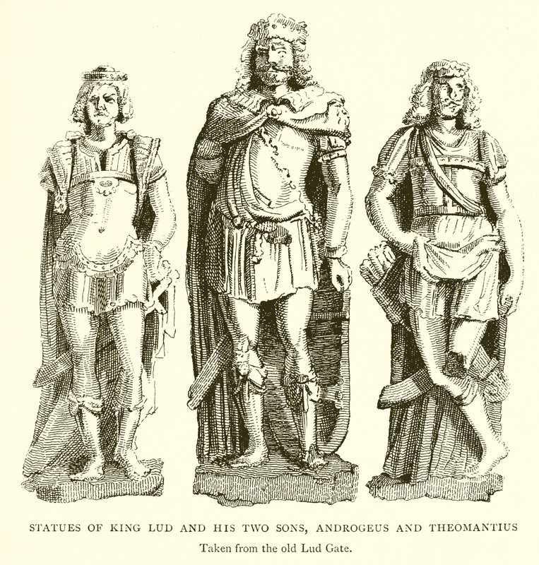 Statyer av kung Lud och hans två söner, Androgeus och Theomantius av English School