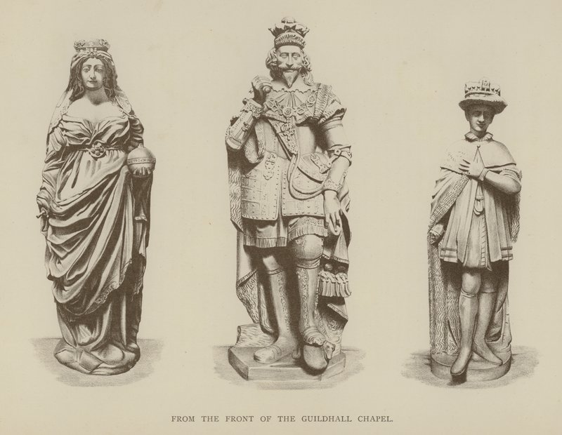 Statyer av drottning Elizabeth I, kung Charles I och kung Edward VI från framsidan av Guildhall Chapel, City of London av English School