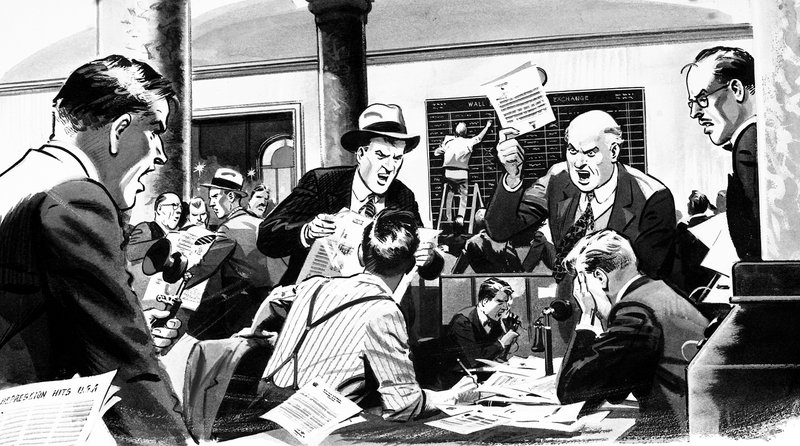 Aktiemäklarens kontor under Wall Street-kraschen 1929 av English School