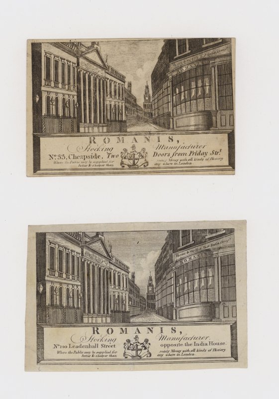 Strumptillverkare, Romanis, på Cheapside och sedan på Leadenhall Street, handelskort av English School