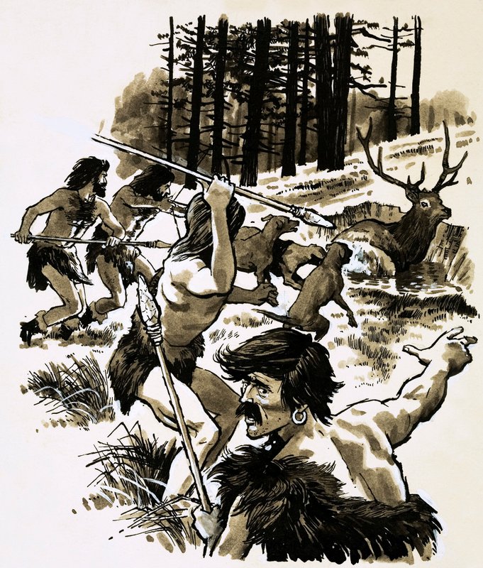 Stenåldersjägare (gouache på papper) av English School