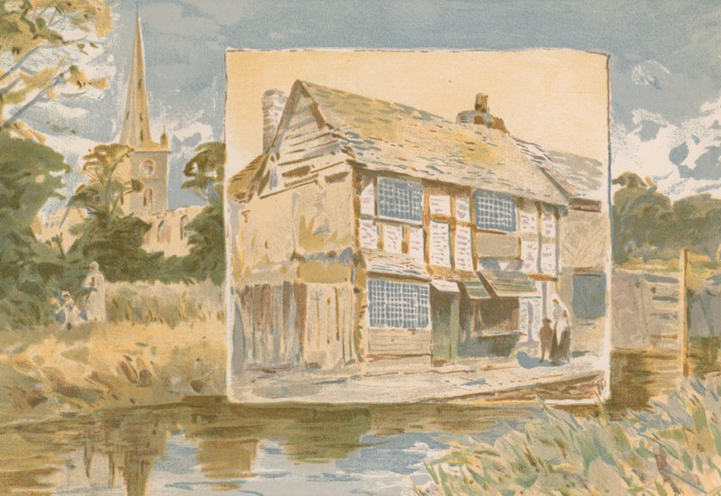 Stratford-on-Avon och Shakespeares hus innan dess restaurering av English School