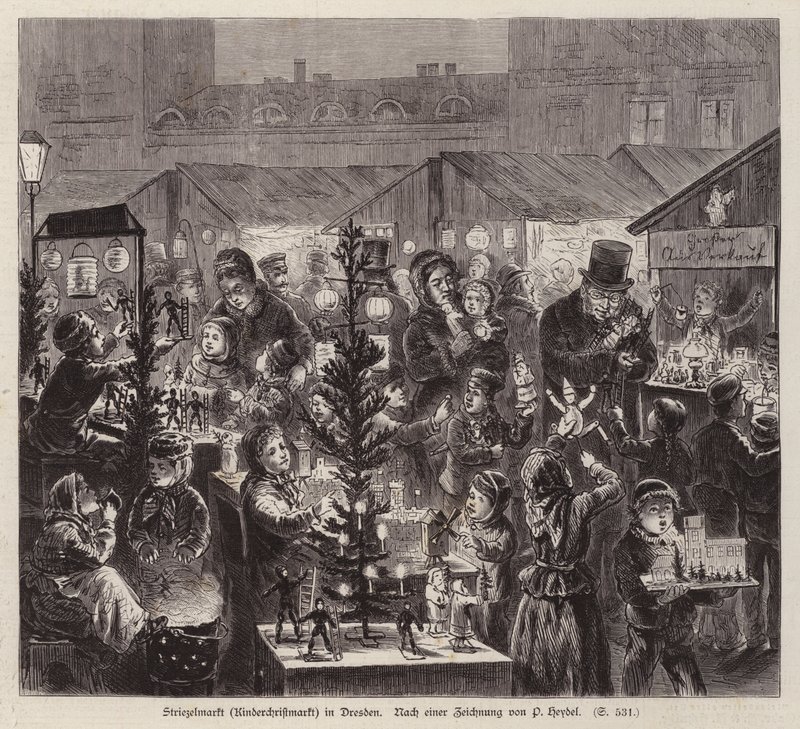 Striezelmarkt julmarknad, Dresden, Tyskland (gravyr) av English School