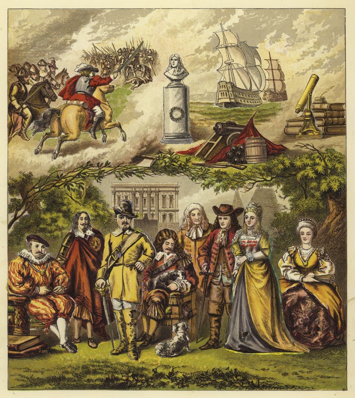 Stuarts, Commonwealth och House of Orange; King James I, King Charles I, Oliver Cromwell, King Charles II, King James II, William and Mary, Queen Anne av English School