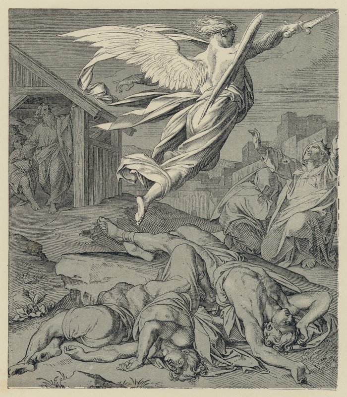 Kallelse av den förstörande ängeln till Babylon (gravyr) av English School