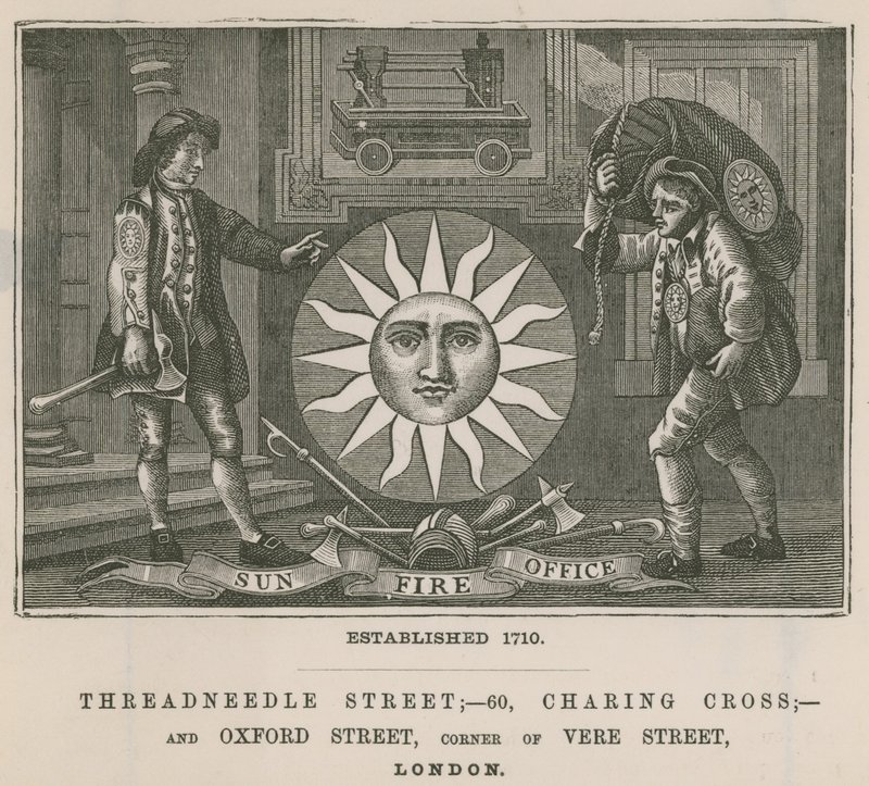 Sun Fire Office, Threadneedle Street, 60 Charing Cross och Oxford Street, London av English School