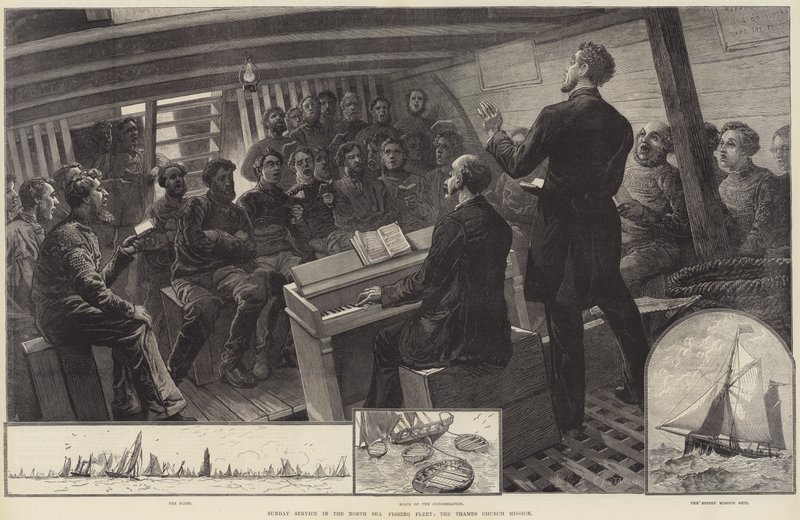 Söndagsgudstjänst i Nordsjöfiskeflottan, Thames Church Mission (gravyr) av English School