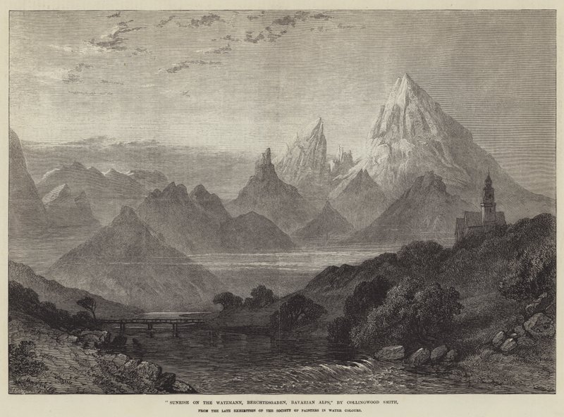Soluppgång på Watzmann, Berchtesgaden, bayerska alperna (gravyr) av English School