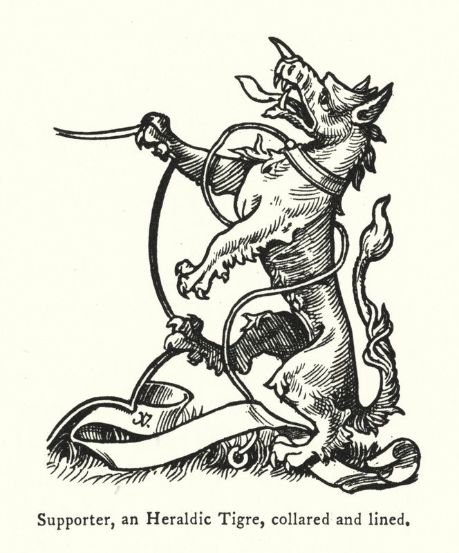Supporter, en heraldisk tigre, krage och fodrad (gravyr) av English School