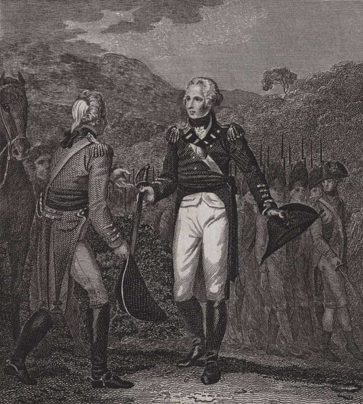 Överlämnande av general Burgoynes armé vid Saratoga, 1777 av English School