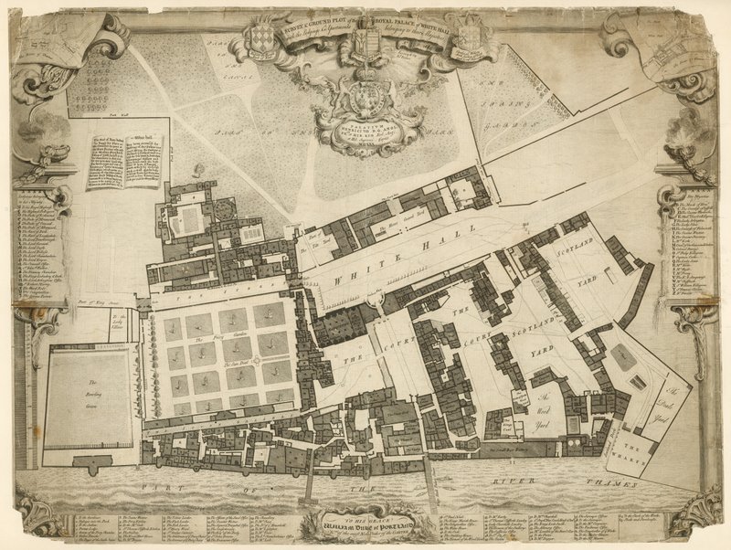Undersökning och markplan för Royal Palace of Whitehall, 1680, med logi och lägenheter som tillhör deras majestäter av English School