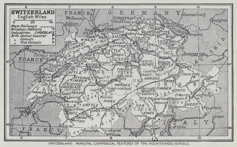 Schweiz, de viktigaste kommersiella kännetecknen för bergsrepubliken (litografi) av English School