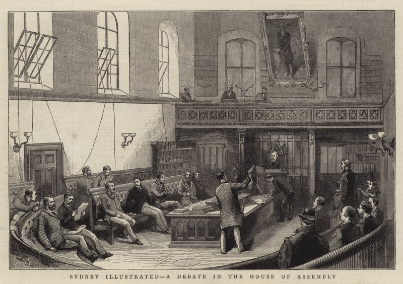 Sydney Illustrated, en debatt i församlingshuset (gravyr) av English School