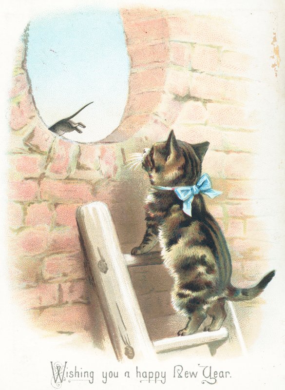 Tabby Cat tittar på mus springa iväg, nyårskort av English School