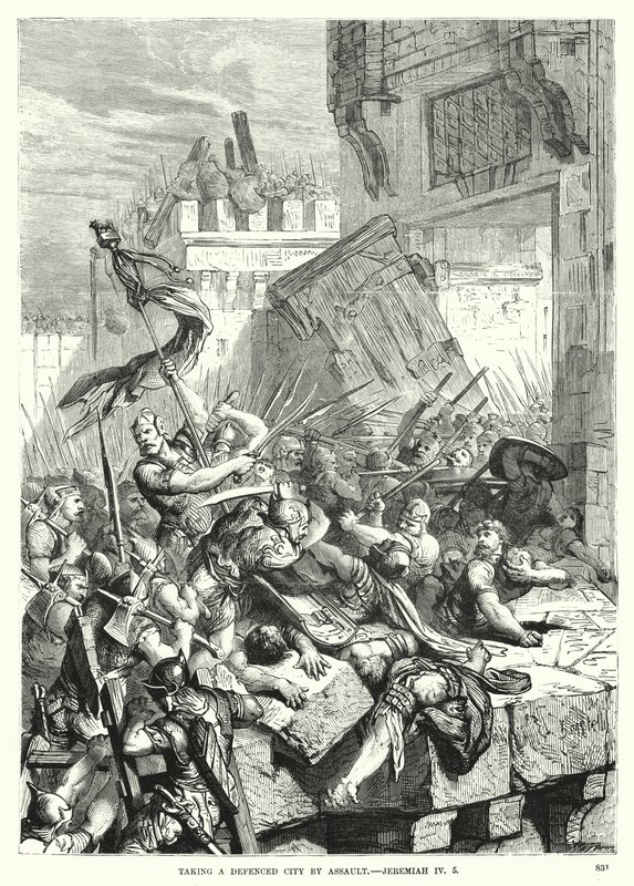 Att ta en försvarad stad genom överfall, Jeremiah IV, 5 (gravyr) av English School