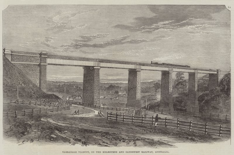 Tarradale Viaduct, på Melbourne och Sandhurst Railway, Australien (gravyr) av English School