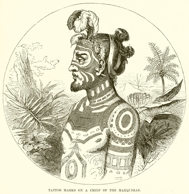 Tatueringsmärken på en Chief of the Marquesas av English School