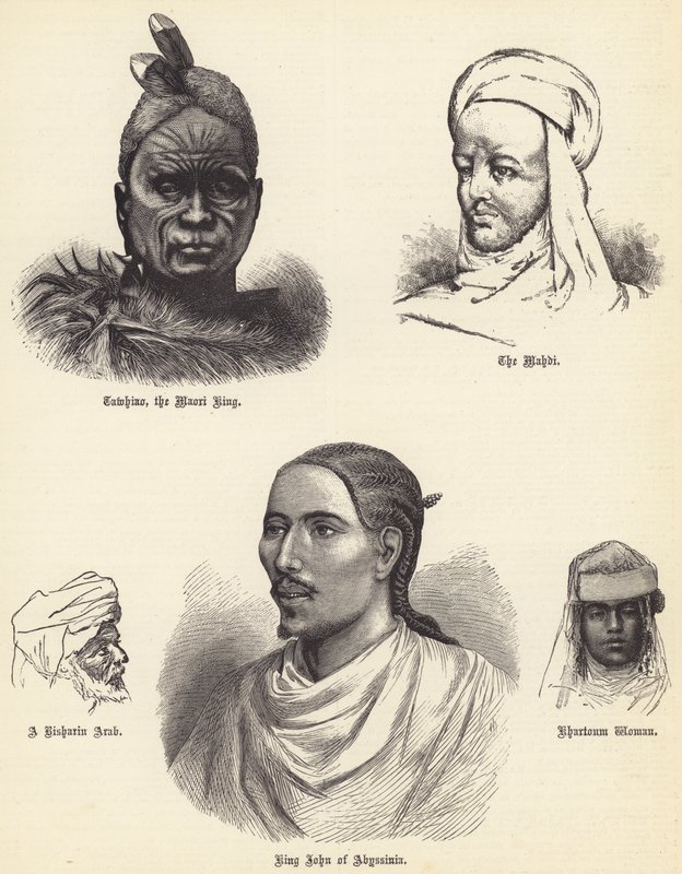 Tawhiao, Maori-kungen, Mahdi, en risharin-arab, kung John av Abessinien, Khartoum-kvinna (gravyr) av English School