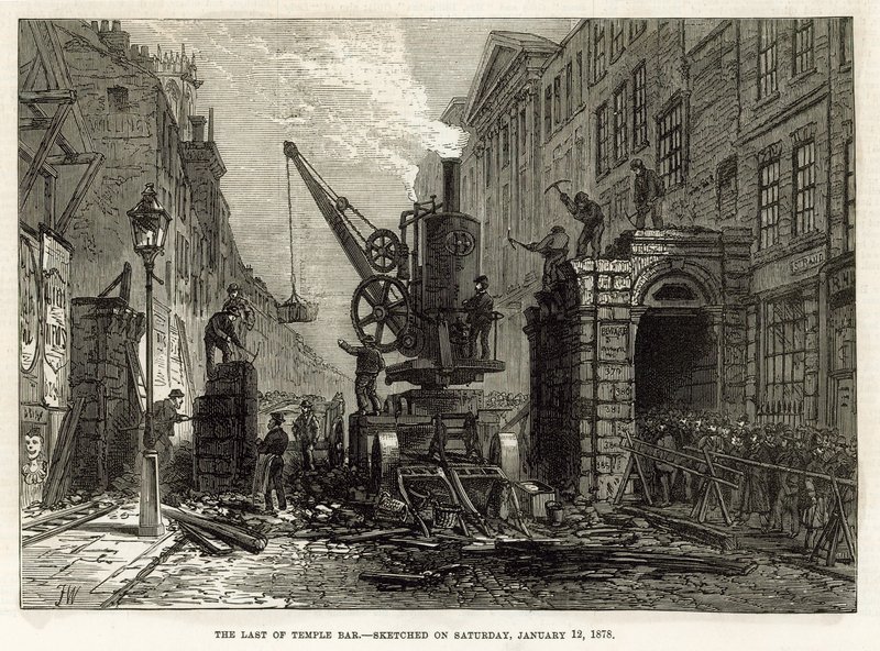 Temple Bar, London. Rivning, 12 januari 1878 av English School