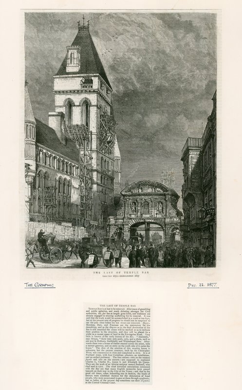 Temple Bar, London. Rivning, 1877 av English School