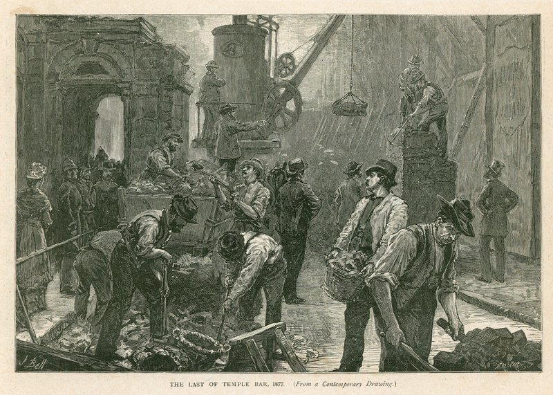 Temple Bar, London, rivning, 1877 av English School