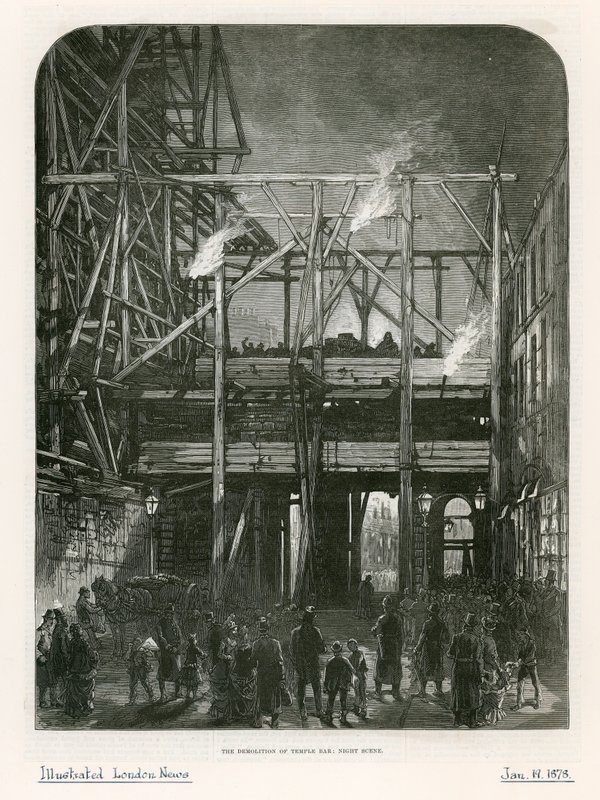 Temple Bar, London. Rivning, 1878 av English School