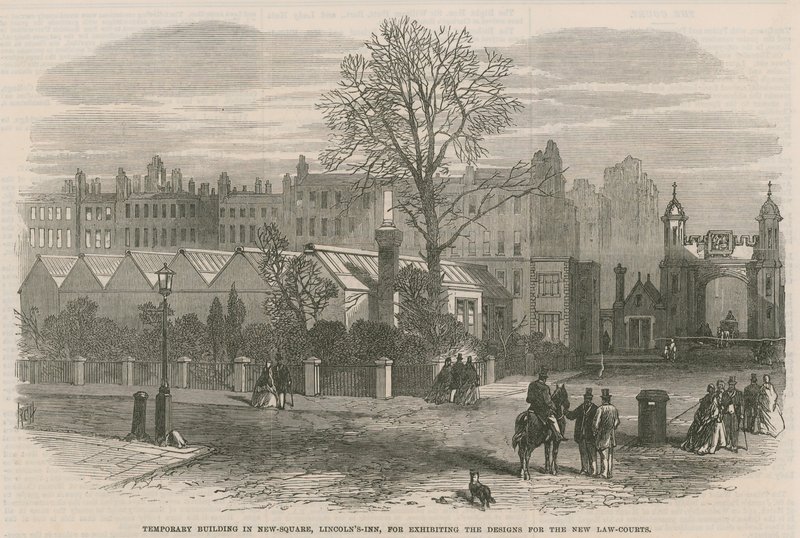Tillfällig byggnad på New Square, Lincolns Inn, för att ställa ut designen för de nya lagdomstolarna av English School