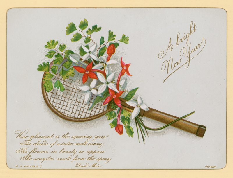 Tennisracket och blommor, nyårskort av English School