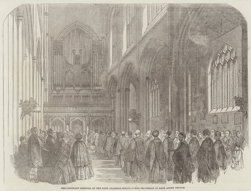 Jubileumsfestivalen för Bath Grammar-School, processionen i Bath Abbey Church (gravyr) av English School