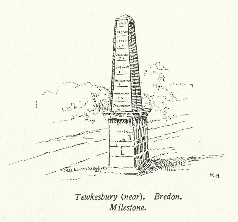 Tewkesbury, nära, Bredon, Milestone (litografi) av English School