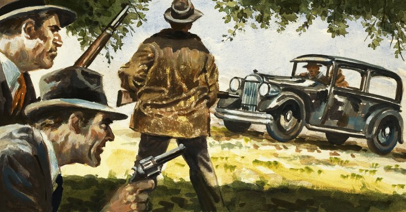 Texas Rangers ligger bakom en bil som körs av Bonnie och Clyde av English School