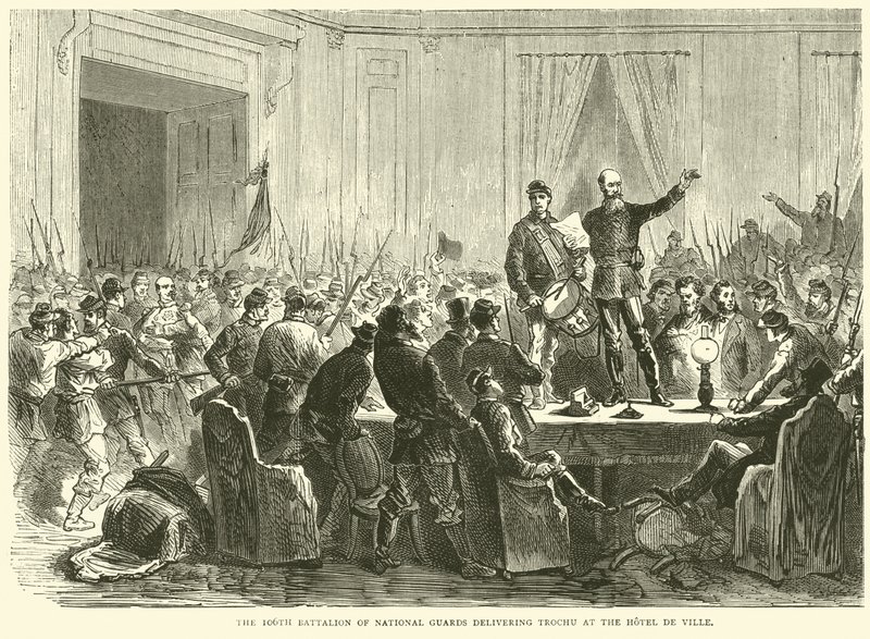 Den 106:e bataljonen av nationalgardet levererar Trochu på Hotel de Ville, oktober 1870 av English School