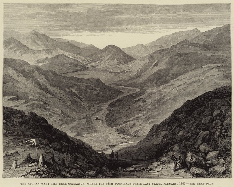 Det afghanska kriget, Hill nära Gundamuk, där den 44:e foten gjorde sitt sista uppehåll, januari 1842 (gravyr) av English School