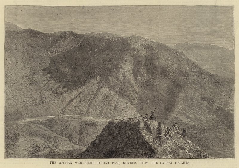 Det afghanska kriget, Shadi Bogiar Pass, Khyber, från Sarkai Heights (gravyr) av English School