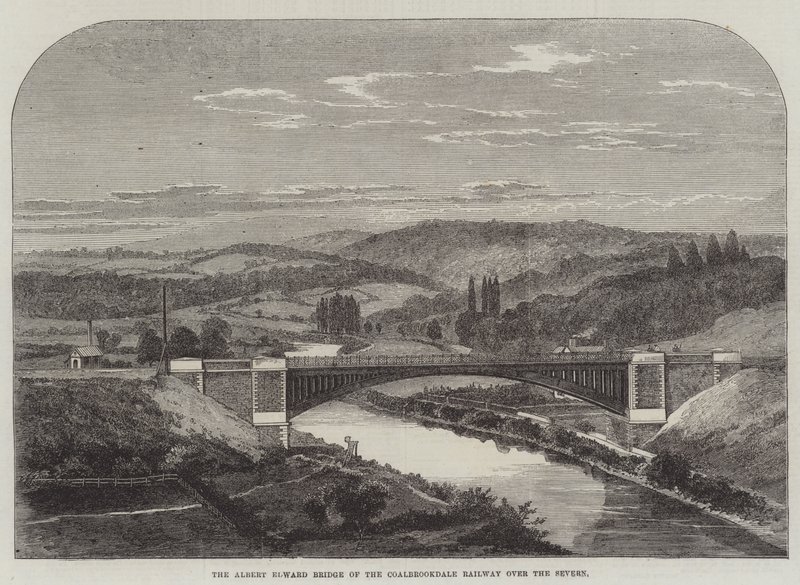 Albert Edward Bridge på Coalbrookdale Railway över Severn (gravyr) av English School