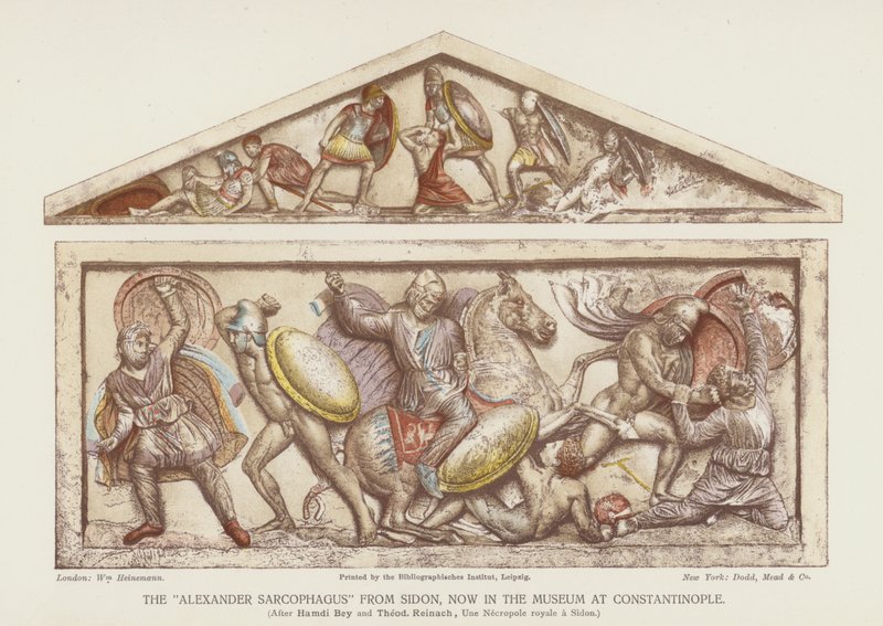 "Alexander Sarcophagus" från Sidon (färg litho) av English School