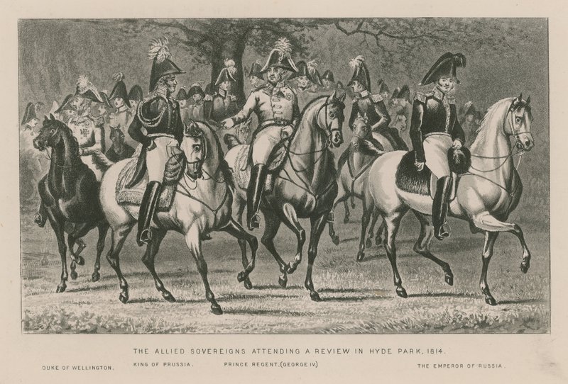 De allierade suveränerna närvarade vid en recension i Hyde Park, 1814 av English School
