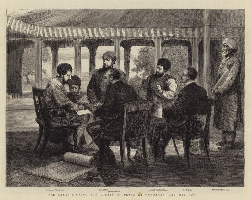 Ameer undertecknar fredsfördraget i Gandamak, 26 maj 1879 (gravyr) av English School