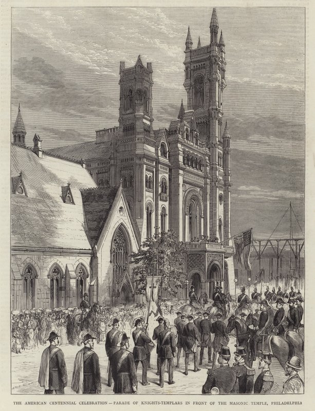 American Centennial Celebration, Parad of Knights-Templars framför frimurartemplet, Philadelphia (gravyr) av English School
