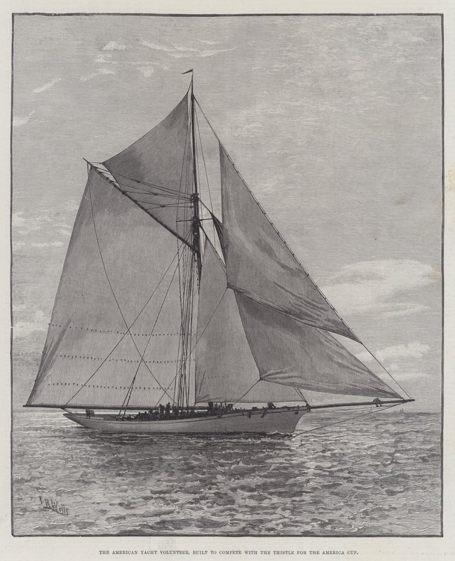 American Yacht Volunteer, byggd för att tävla med Thistle om America Cup (gravyr) av English School