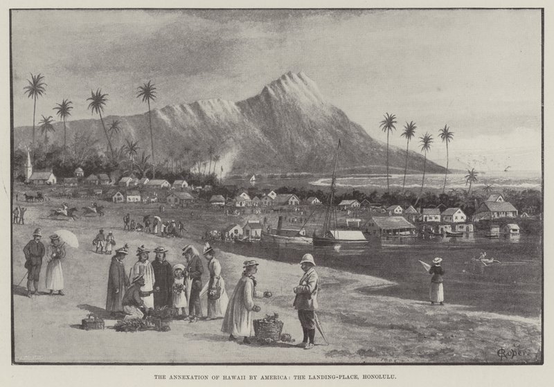 Annexeringen av Hawaii av Amerika, landningsplatsen, Honolulu (gravyr) av English School