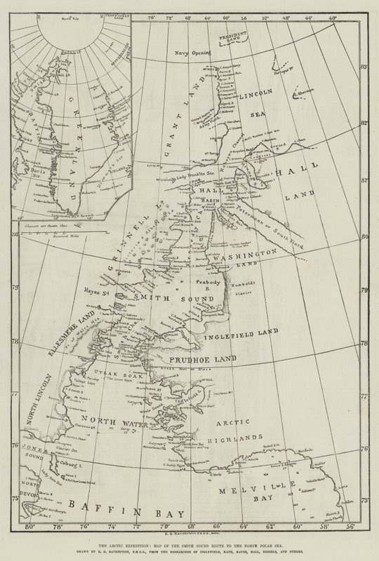 The Arctic Expedition, Karta över Smith Sound Route till North Polar Sea (gravyr) av English School