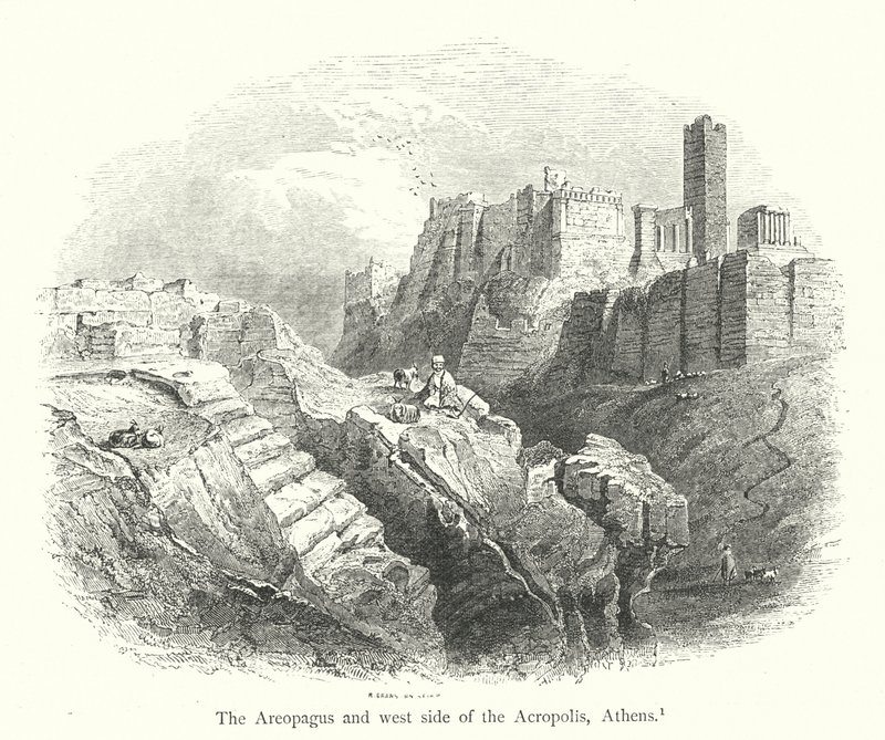 Areopagen och västra sidan av Akropolis, Aten (gravyr) av English School