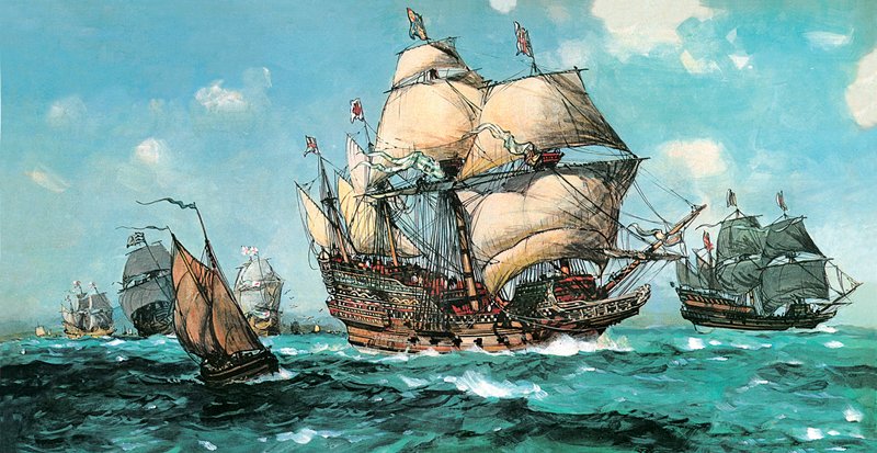 The Ark Royal Sails to Meet the Armada (färg litho) av English School
