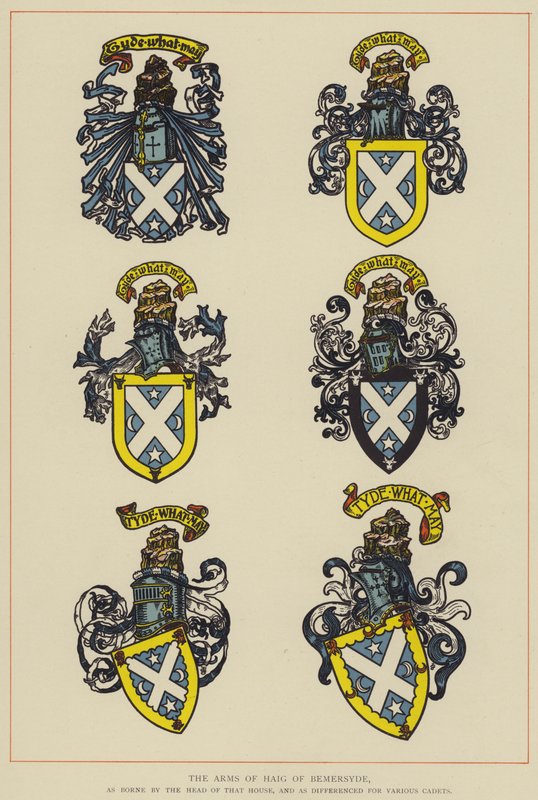The Arms of Haig of Bemersyde, som bärs av chefen för det huset, och som skilda för olika kadetter (färg litho) av English School