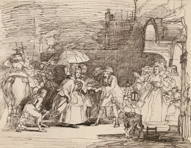 The Arrival of the Rich Relation, efter Wilkie, från en tusch- och pennteckning (litografi) av English School