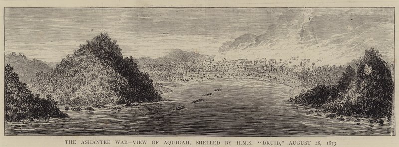Ashantee War, View of Aquidah, beskjuten av HMS "Druid", 28 augusti 1873 (gravyr) av English School