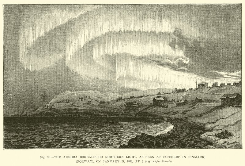 Aurora Borealis eller norrsken, som sett vid Bossekop i Finnmark (Norge), den 21 januari 1839, kl. av English School