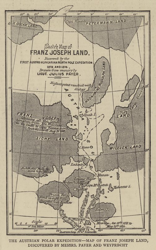 Den österrikiska polarexpeditionen, karta över Franz Josephs land, upptäckt av Messers Payer och Weyprecht (gravyr) av English School