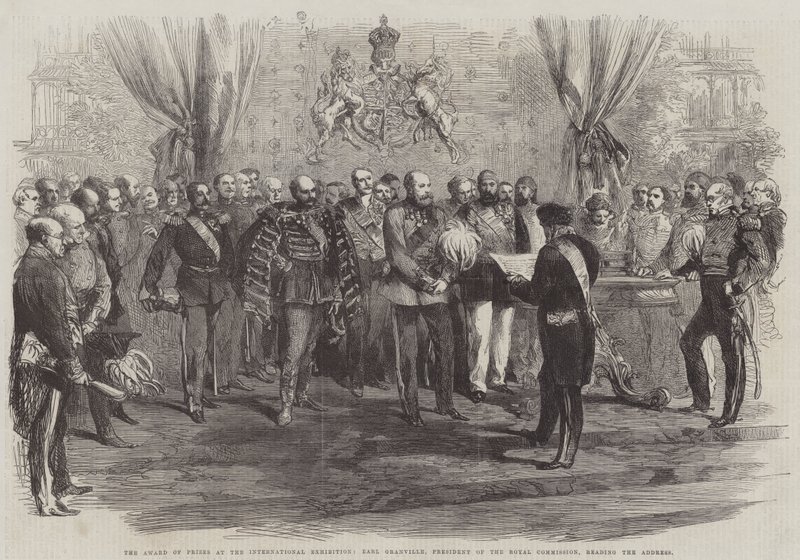 Prisutdelningen vid den internationella utställningen, Earl Granville, ordförande för Royal Commission, läser anförandet (gravyr) av English School